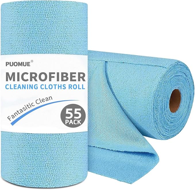 Puomue 55 Pack Microfiber Cleaning Cloth Roll, Tear Away Reusable Paper Towels, 11" X 9", Ultra Absorbent & Lint Free Microfiber Cloth for Cleaning Cars, Kitchen, Window, Home and Shop, Blue