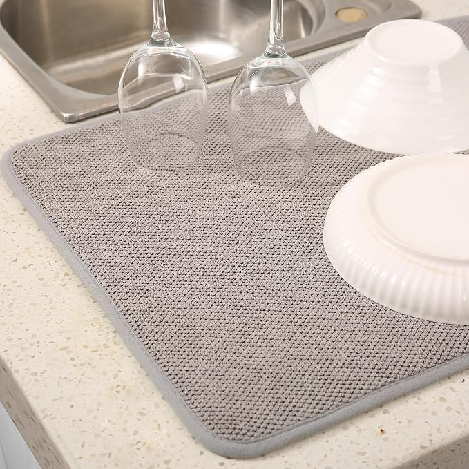 2 Pack Microfiber Dish Drying Mat for Kitchen Counter,Ultra Absorbent Dish Drainer Mat ,Dish Drying Pad , Dish Rack Mat 20×15 Inch (Gray)