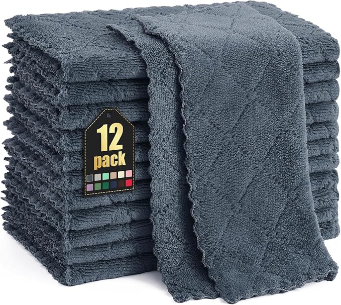 Homaxy 12 Pack Kitchen Dish Cloths (10 x 10 Inches, Dark Grey), Super Soft and Absorbent Coral Velvet Dish Towels, Nonstick Oil Fast Drying Microfiber Cleaning Cloth, No Lint Household Dishcloths