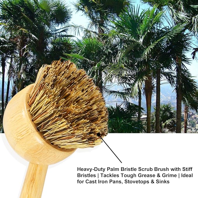 2 Pack Natural Kitchen Dish Brushes with Sisal & Palm Bristles, Long Bamboo Handle Scrubber for Dishes, Cast Iron Pans Pots and Vegetable Cleaning