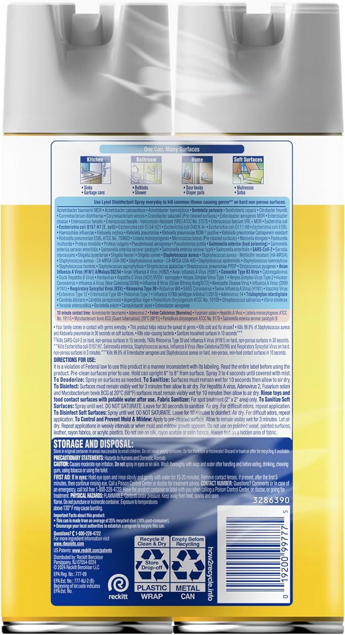 Lysol Disinfectant Spray, Household Cleaning Supplies, Disinfecting Multi-Purpose Room Spray, Antibacterial Sanitizer, Deodorizer, Kills Hantavirus, Lemon Breeze, 19 Fl Oz (Pack of 2)