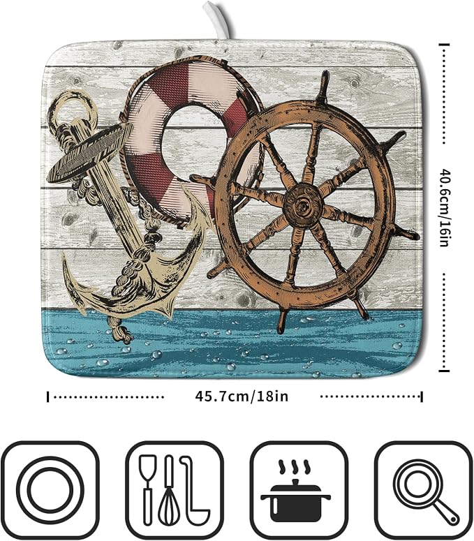 Nautical Anchor Dish Drying Mat 16x18 inch Coastal Boat Fast Dry Microfiber Reversible Dish Drainer Pad Kitchen Countertop Tabletop Decor