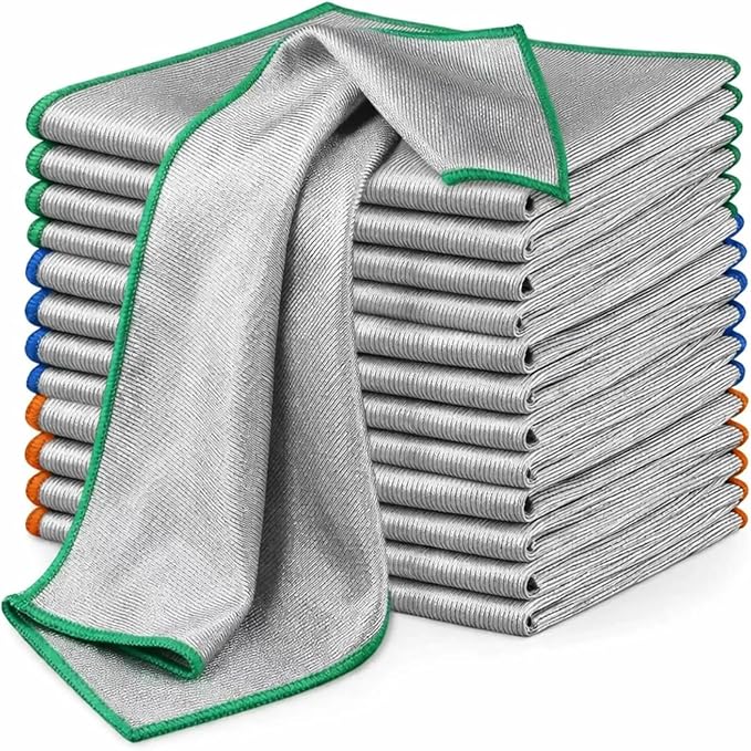 Puomue 12 Pack Microfiber Glass Cleaning Cloth, 320GSM Thick Lint Free Glass Towels, Reusable Window Cleaning Cloth for Windshields, Lenses, Glasses, Mirrors & Windows, Polishing Silver, 13.8" x 10.8"