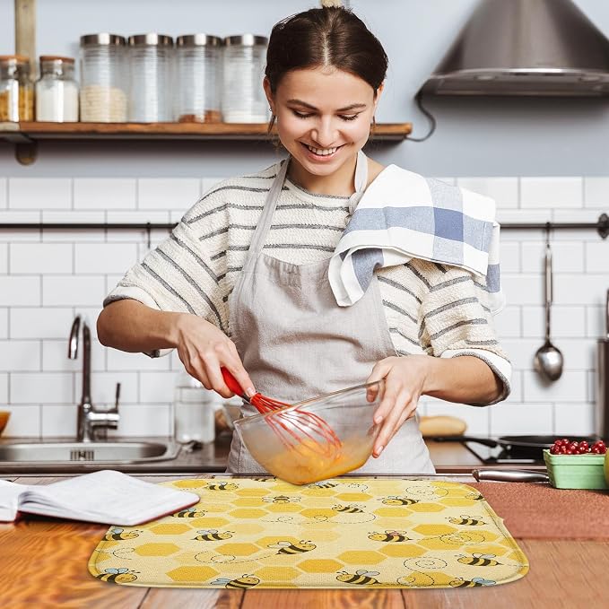 Sanwarm Absorbent Dish Drying Mat, Honey Baby Cute Yellow Bees Microfiber Pad for Kitchen Counter, Coffee Bar Decor, Heat Resistant and Reversible, 18" x 24"