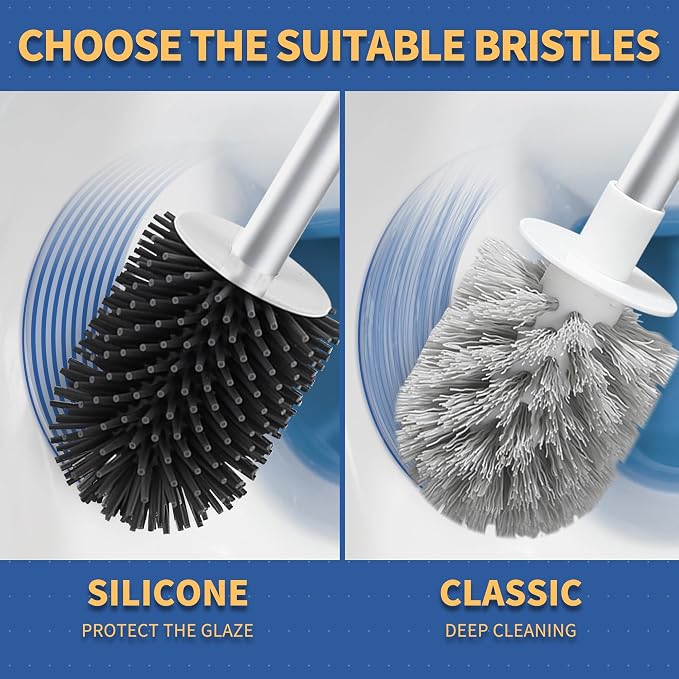 BOOMJOY Toilet Brush and Holder Set 2 Pack, Silicone Toilet Bowl Cleaner Brush, Toilet Scrubber Brush with Tweezers for Bathroom Cleaning, RV Accessories, House Organization Must-Haves - Gray