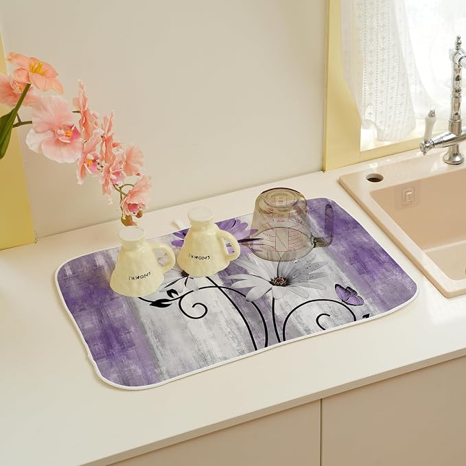 Floral Dish Drying Mat 18x24 Inches For Kitchen Counter Purple Daisy Flower Kitchen Decoration Drying Mat Modern Decorative Drying Pad For Home Kitchen Decor,Dining Room,Office Decor