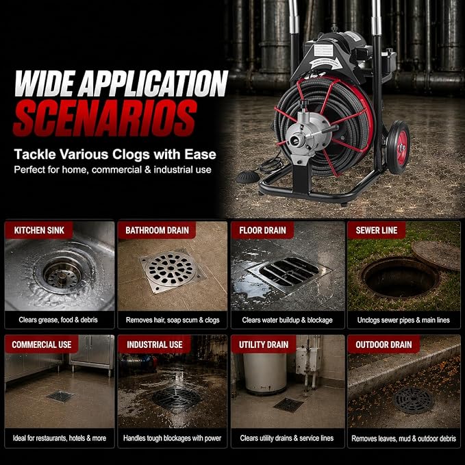 100 FT x 1/2 Inch Drain Cleaner Machine, 550W Electric Drain Auger with Auto Feed, Foot Switch & 8 Cutters, Sewer Snake for 1–4 Inch Pipes, Commercial Drain Cleaning Machine