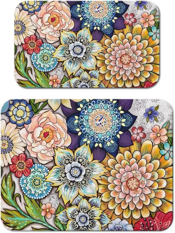 Dish Drying Mat 2-Pack with Mandala for Kitchen Counter Absorbent Dishes | Diatom Mud Mats (18x24, 19.5x12"). Non-slip rubber back for kitchen counter, coffee bar & sink scenes