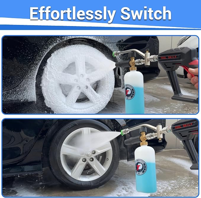 Tool Daily Short Pressure Washer Gun with Foam Cannon Dual Connector | 1/4 Inch Quick Connect, 5 Power Washer Spray Nozzle Tips, 1 Liter Soap Cannon