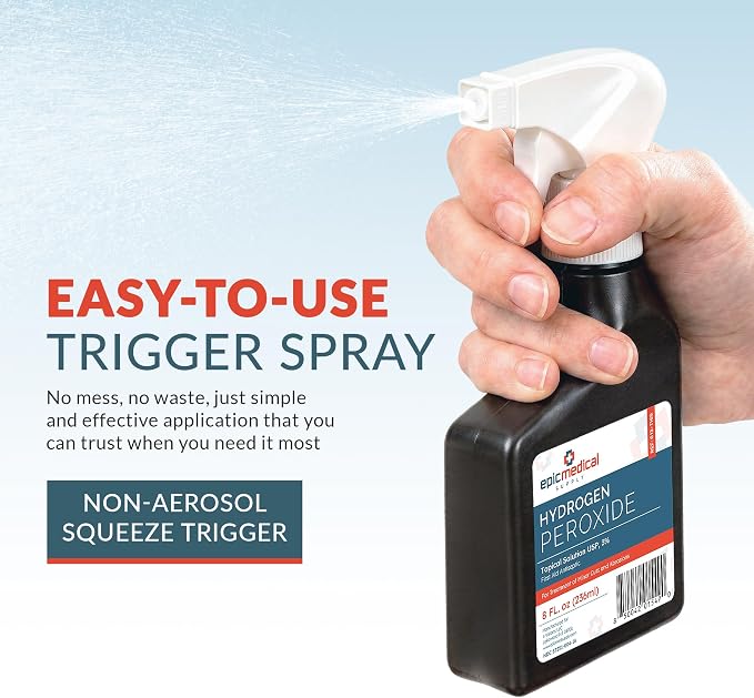 Epic Medical Supply Hydrogen Peroxide Spray 3% USP - First Aid Antiseptic for Cuts & Scrapes - Multi-Purpose Cleaner - 8oz / 236ml Trigger Spray Bottle (1)