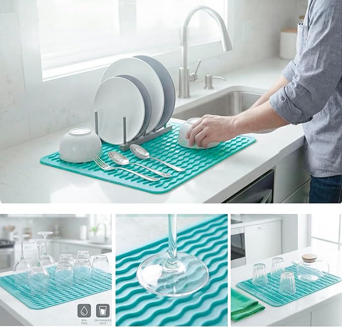 MicoYang Silicone Dish Drying Mat — Quick-Dry Ridges Counter & Sink Pad, Heat-Resistant Trivet to 450°F, Non-Slip & Dishwasher Safe, Roll-Up Storage, 18 Colors & 9 Sizes (Mint, 16"×12")