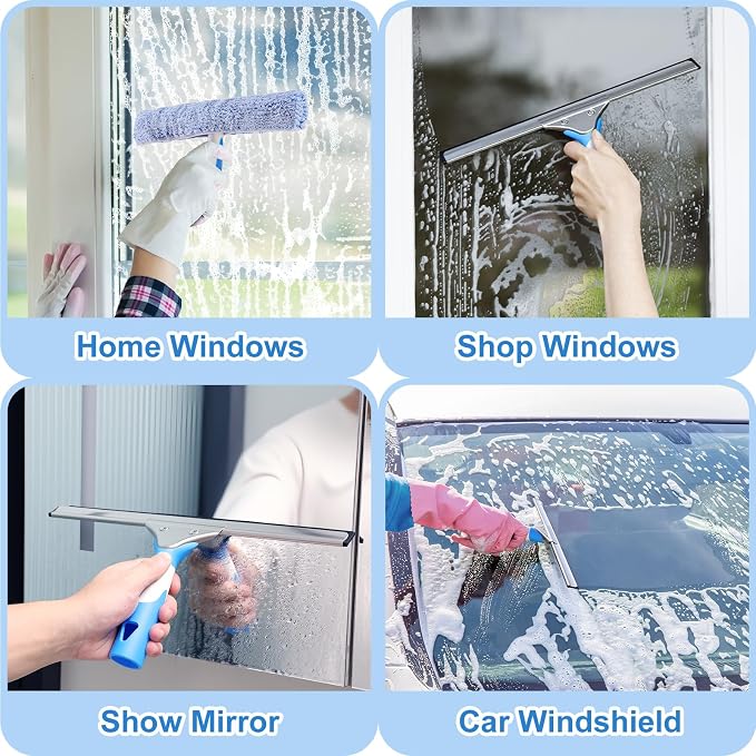 Mitclear Professional Window Cleaning Kit 14IN, Windows Cleaner Tool with Silicone Squeegee, Microfiber Scrubber & Cloth, Window Washing Equipment or Home Shower Glass Doors Car Windshield