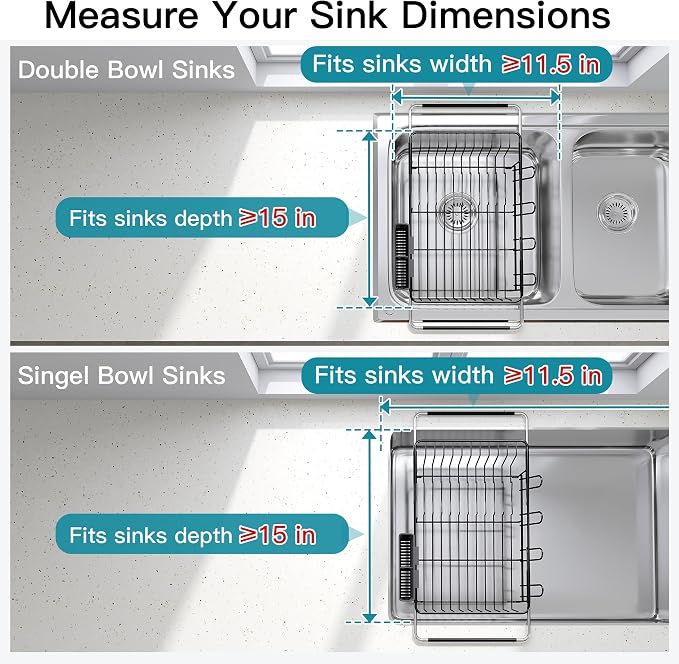 JASIWAY Black Dish Drying Rack in Sink, Expandable Stainless Steel Dish Drainers for Kitchen Counter, Dish Dryer Rack for Inside Sink, Over The Sink Dish Racks with Utensil Holder