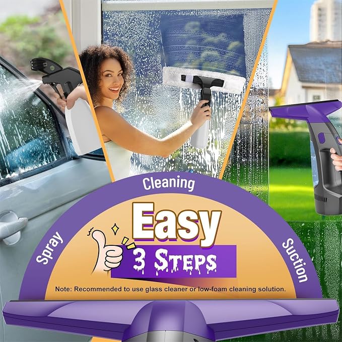 Window Vacuum Squeegee Cordless, 2000Pa Electric Window Cleaner Tool with Spray Bottle & Microfiber Pad, Handheld Window Cleaning Kit for Streak-Free Glass, Shower Doors, Mirrors, Tiles, Car Windows