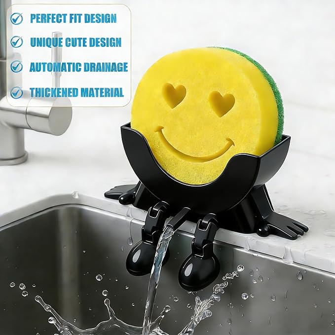 Cute Hanging Sponge Holder with Drainage,3D Printed Kitchen Funny Sponge Stand for Sink,with non-slip pads,Suitable for Scrub Daddy Holder,Keeps Your Sponge Dry Smiling (Black)