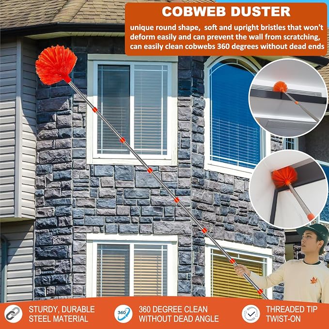 20+ Feet High Reach Duster Kit with 3-14 ft Extension Pole // High Ceiling Dusting and Window Cleaning Kit with Spliceable Pole - Window Washer & Squeegee, Cobweb Duster, Fan Blade and Feather Dusters