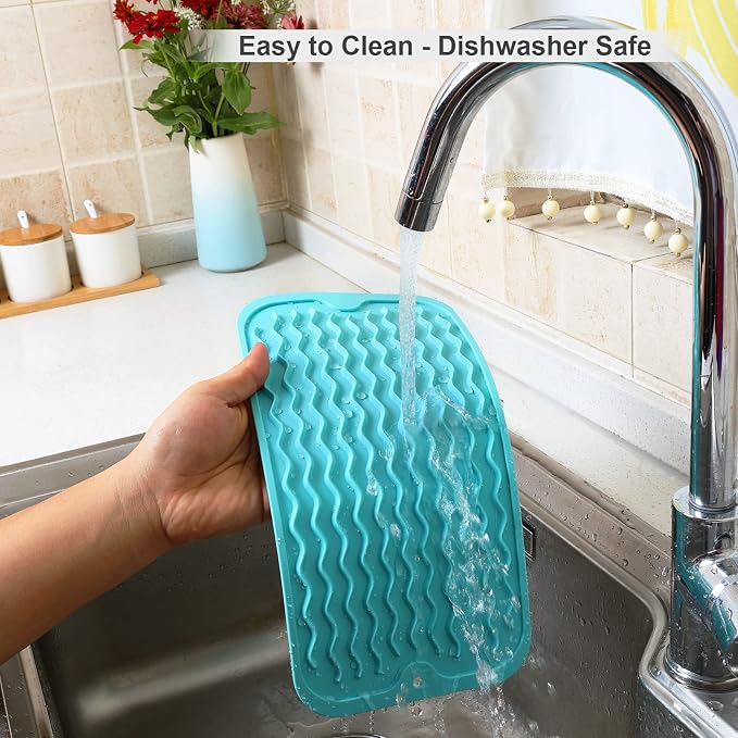 ZLR Silicone Sink Caddy Tray (6" x 12" / 153 x 305mm) - Narrow Sponge Holder for Kitchen Counter - Waterproof Dish Drying Mat, Non-Slip Soap Dispenser Mat & Bathroom Vanity Organizer (Mint Green)