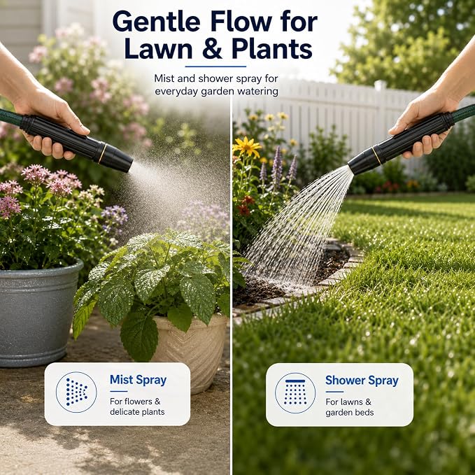 High Pressure Hose Nozzle, Black Alloy Core, 2 Pack | Adjustable high pressure water hose nozzle with jet, mist and shower spray for car washing, patio cleaning, lawn and plants