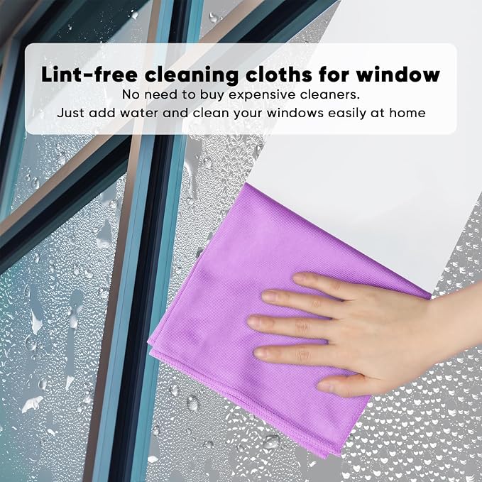 HOMEXCEL Microfiber Glass Cleaning Cloth 12 PK, Lint Free Streak Free, Reusable Magic Cleaning Cloth for Cleaning Windows, Glasses, Mirrors, Screens, Stainless Steel, and More Purple-12”×12”