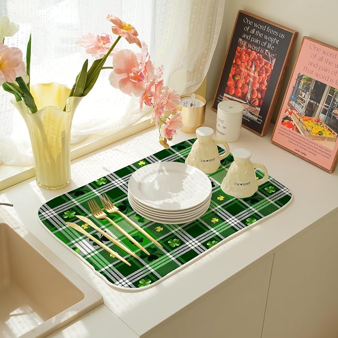 St. Patrick's Day Dish Drying Mat 18 x 24 Inch Green Buffalo Plaid Shamrock Drying Mat for Kitchen Counter Absorbent Spring Gold Green Clover Dishes Dry Pad for Drainer Rack Kitchen Fast Dry