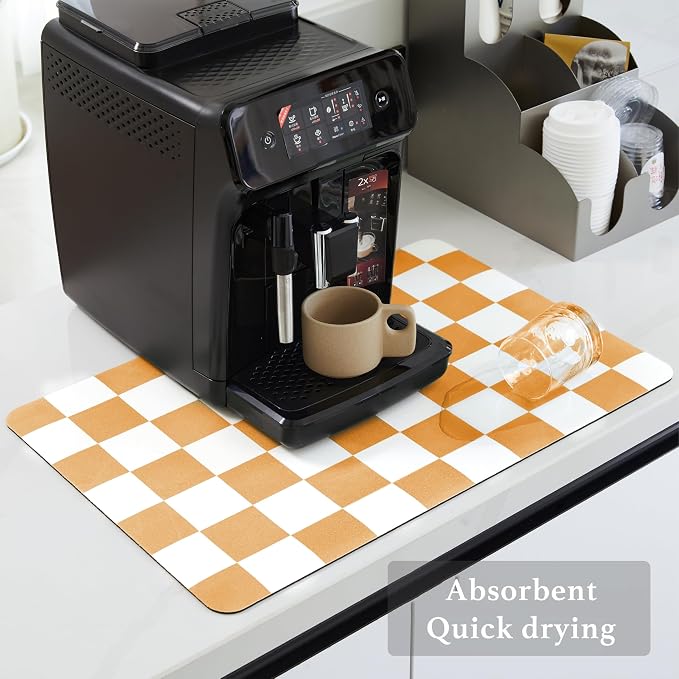 Ohocut Checkered Dish Drying Mat for Kitchen Counter, Coffee Bar Station Accessories, Retro Cute Fall Aesthetic Modern Absorbent Drainer Mat Kitchen Drying Mat Easy Clean, Orange 12" x 19"