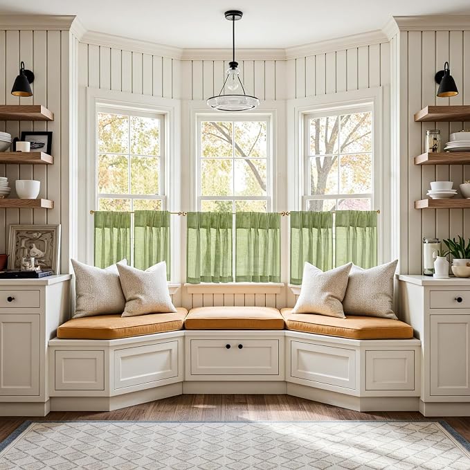 jinchan Linen Pinch Pleated Back Tab Tier Curtains, 26x24, 2 Panels, Green | Light filtering,small window treatment,cafe curtains,machine washable,farmhouse,kitchen,bathrooms,laundry
