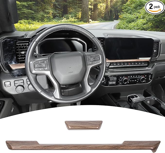 for Silverado Dashboard Panel Trim Compatible with Chevy Silverado 2022 2023 2024 Wood Grain Interior Accessories 2pcs