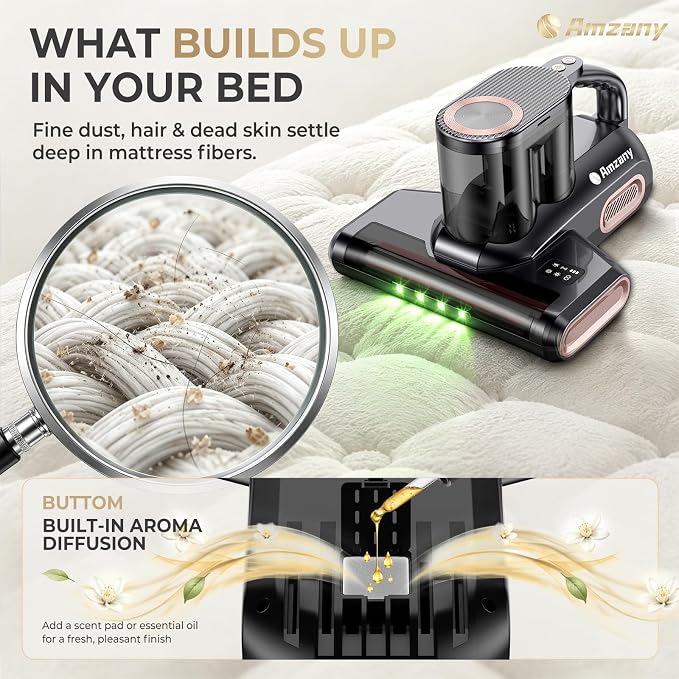 Amzany Mattress Vacuum Cleaner, 18Kpa Cordless Bed Vacuum with 253.7nm UV-C Light, 140°F Heat, HEPA Filter & Ultrasonic, Green Light Display & 52800 BPM Tapping for Bed Sofa Couch Pet Hair