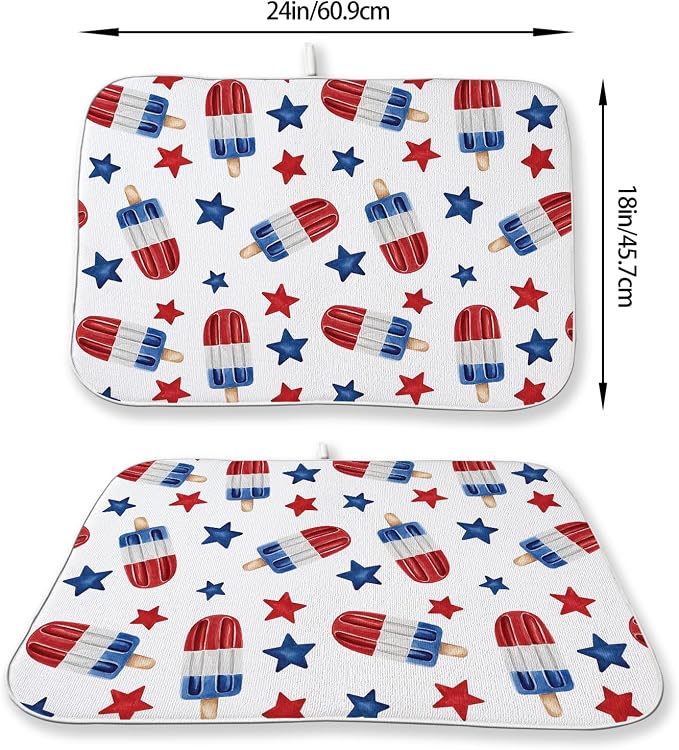4th of July Dish Drying Mat 18x24 Inch Blue Red Ice Cream Stars Patriotic Drying Mat Independence Day Memorial Day Absorbent Dish Drying Pad Dish Rack Drainer Mats for Kitchen Dining Counter