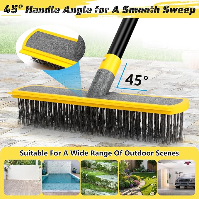 2 in 1 Stainless Steel Wire Brush Heavy Duty Floor Deck Scrub | 60" Long Handle Outdoor Push Broom for Moss Removal/Concrete/Patio/Deck/Garden/Pool/Floor Cleaning|Yellow