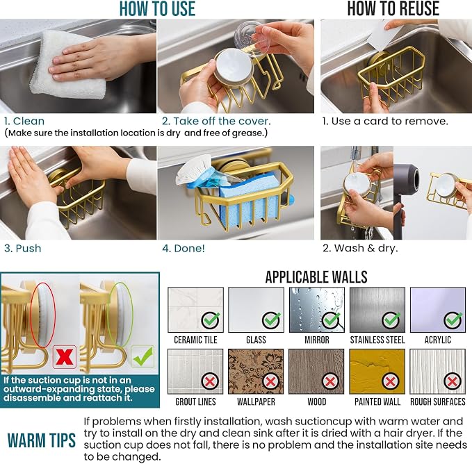 TAILI Sponge Holder for Kitchen Sink with Strong Suction Cup Removable, Rustproof Aluminum Sink Caddy for Sponge, Brush, Scrubber, Scraper -Gold