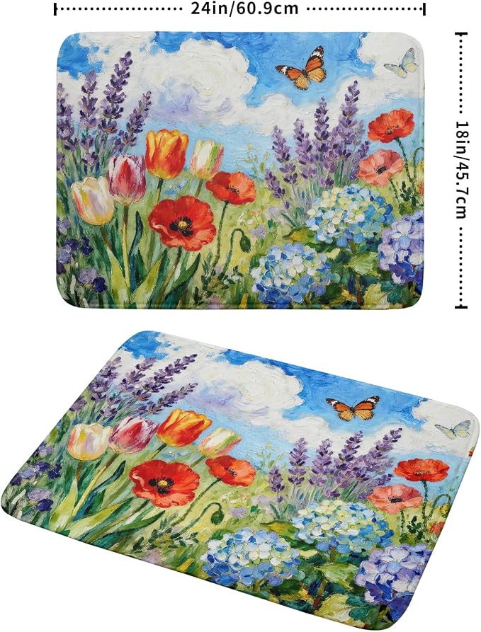 Spring Dish Drying Mat for Kitchen Counter 18x24, Floral Decorative Absorbent Reversible Microfiber Kitchen Countertop Protector Dishes Drainer Pad, Flower Butterfly