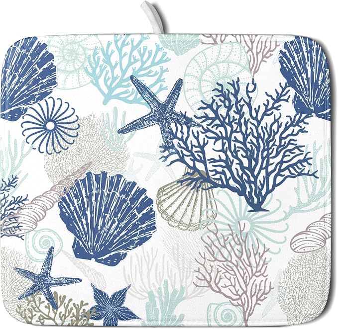 Summer Navy Blue Coral Beach Starfish Dish Drying Mat 16×18 Inch | Polyester，Absorbent Microfiber，for Kitchen Coffee Dining Bar Decor