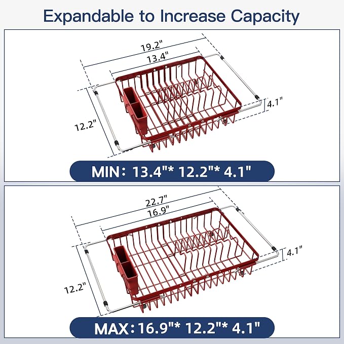 JASIWAY Expandable Stainless Steel Red Dish Drying Rack Over The Sink for Small Kitchen, Counter Space Saving Compact Plate Drainer Strainer, Adjustable Hanging Metal Dish Dryer with Utensil Holder