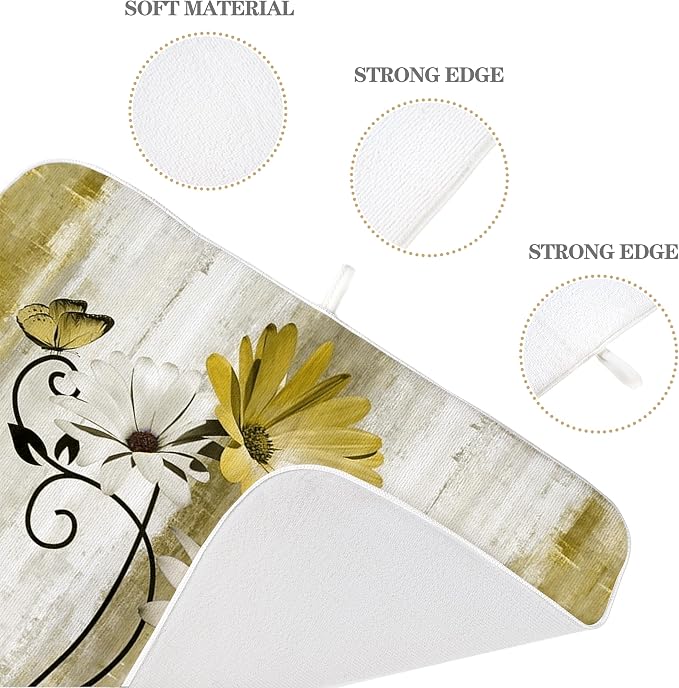 Floral Dish Drying Mat 18x24 Inches For Kitchen Counter Yellow Daisy Flower Kitchen Decoration Drying Mat Modern Decorative Drying Pad For Home Kitchen Decor,Dining Room,Office Decor