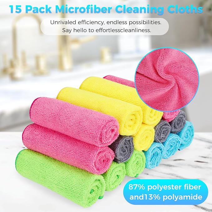 Forggon 15pcs Microfiber Cleaning Cloth Lint Free, Absorbent, Streak Free, Non-Abrasive, Reusable and Washable，Cleaning Towels with 5 Color Assorted,11.5"X11.5"(Green/Blue/Yellow/Pink/Grey)