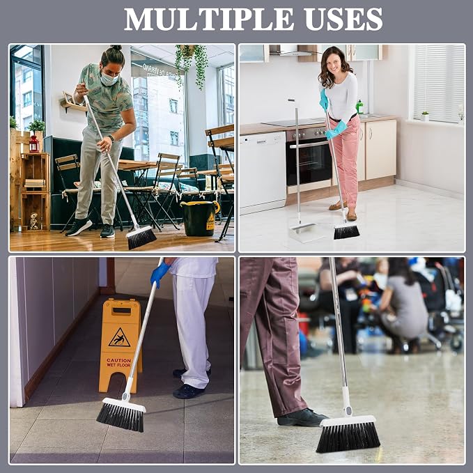 Suclain 4 Set 8 Pcs Broom and Dustpan Set 47 Inch Long Handle Brooms for Sweeping Indoor Household Dustpans for Indoor Outdoor Kitchen Floor