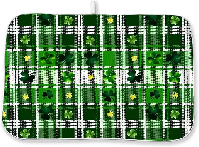 St. Patrick's Day Dish Drying Mat 18 x 24 Inch Green Buffalo Plaid Shamrock Drying Mat for Kitchen Counter Absorbent Spring Gold Green Clover Dishes Dry Pad for Drainer Rack Kitchen Fast Dry