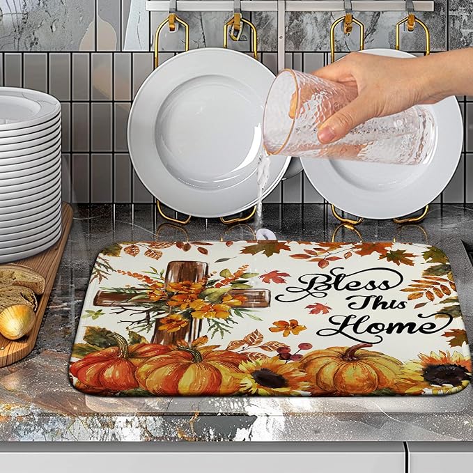 Fall Drying Mat for Kitchen Counter Autumn Thanksgiving Pumpkin Cross Dish Mat Sunflower Maple Leaf Absorbent Microfiber Dish Draining Mat Reusable Dishes Pad Medium 16"x18"