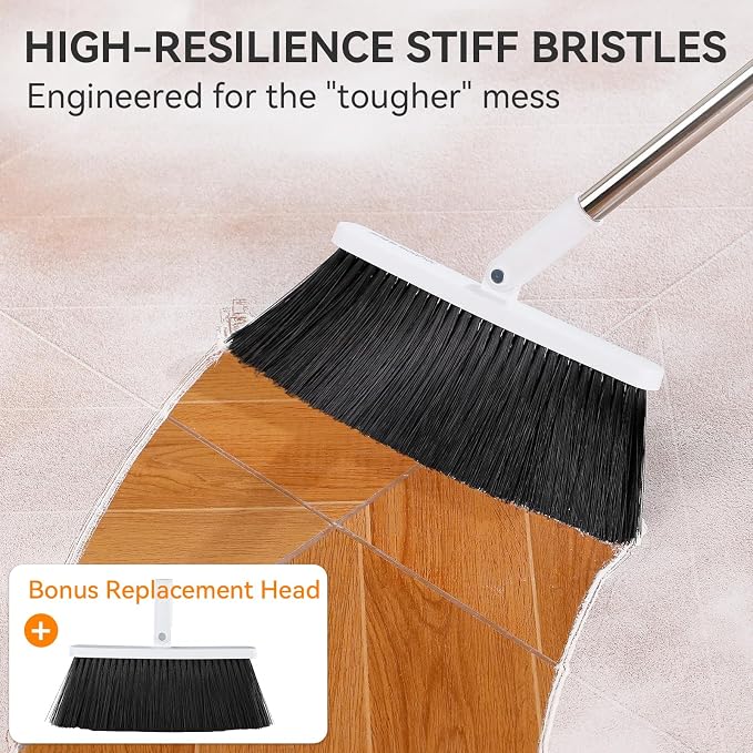 MOPALL Broom with Dustpan Combo Set Collapsible Standing Inc 2 Broom Heads | 53" Long Handle, Self-Cleaning Dust Pan Teeth, 180° Swivel Brooms Head, Upright Standing for Sweeping Indoor Dog Cat Hair