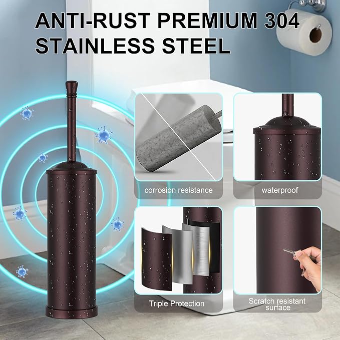 Stainless Steel Toilet Brush and Holder Set,Extra Long Handled Toilet Brush for Bathroom,Heavy Duty Toilet Bowl Brush,Modern Toilet Cleaner Brush, Splash Protection,Deep Cleaning (Bronze)