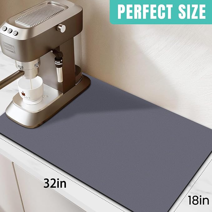 WISELIFE Coffee Mat Super Absorbent Dish Drying Mat Coffee Bar Accessories Match with Machine Large Drying Mats for Kitchen Counter 18" W x 32" L, Grey