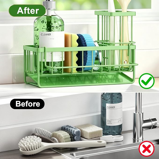 Sponge Holder for Kitchen Sink, Kitchen Sink Caddy, Kitchen Sink Sponge Holder, Dish Sponge Holder, Kitchen Sink Organizer for Sponge, Dish Brush, Scrubber(9.65" x 3.74" x 6.3", Avocado)