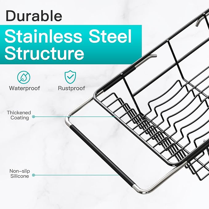 JASIWAY Black Sink Dish Drying Rack with Drainboard, Expandable Stainless Steel Dish Drainers for Kitchen Counter, Space Saving Dish Dryer Rack, Over The Sink Dish Racks with Utensil Holder