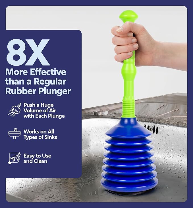 Luigi's Sink Plunger Kitchen - Sink Plunger Bathroom - Drain Bathtub or Shower - Large and Powerful Clog Remover - Commercial Style Plumbers Plungers with Large Bellows - Blue Green - Grande