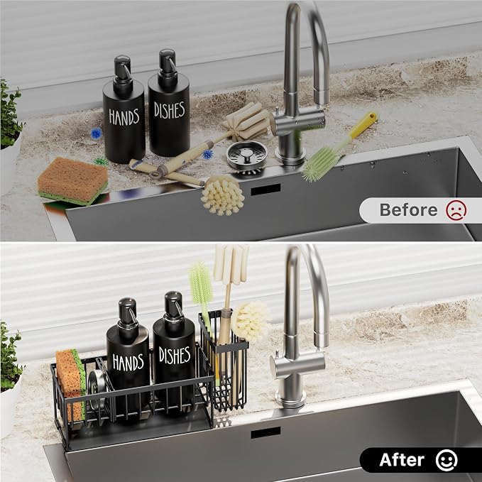 MASADI Kitchen Dish Soap Dispenser Set with Sponge Holder, 12OZ Glass Bottle, Hand and Dish Soap Dispenser Set, Non-Slip Silicone Pad, Brush Holder, Kitchen Sink Organizer Countertop (Black)