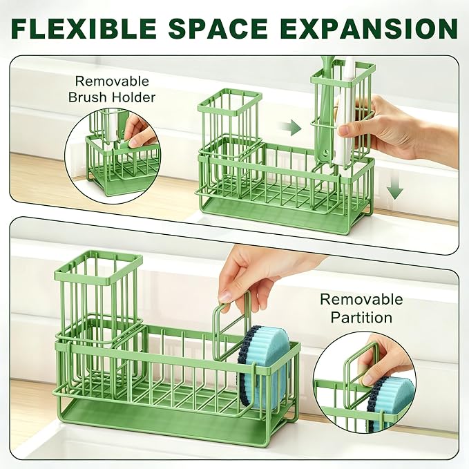 Sponge Holder for Kitchen Sink, Kitchen Sink Caddy, Kitchen Sink Sponge Holder, Dish Sponge Holder, Kitchen Sink Organizer for Sponge, Dish Brush, Scrubber(9.65" x 3.74" x 6.3", Avocado)