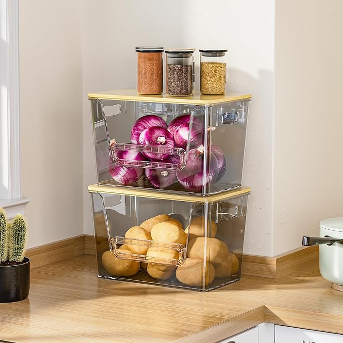 Delamu 2 Set Pantry Organizers and Storage,Trash Bag Dispenser with Bamboo Top,Stackable Trash Bag Dispenser Under Sink Organizer for 4-30 GalBags,Onion,Potato,Fruits,Gray(11.22" L*7" W*7.12" H)