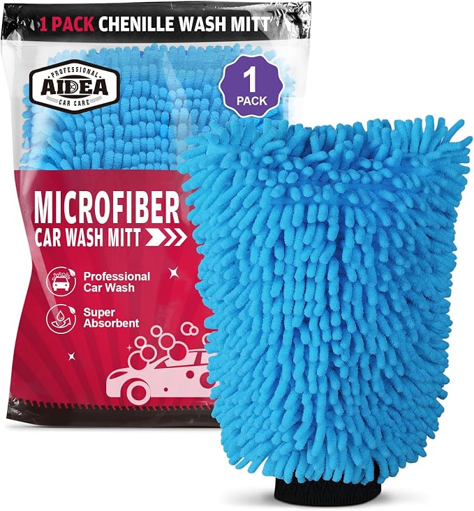 AIDEA Car Wash Mitt Microfiber, 1PK, Car Wash Brush, Blue, 7.12''X10.14'' | Scratch Free Lint-Free Premium Chenille Microfiber Mitt, Cleaning Supplies, Regular Size