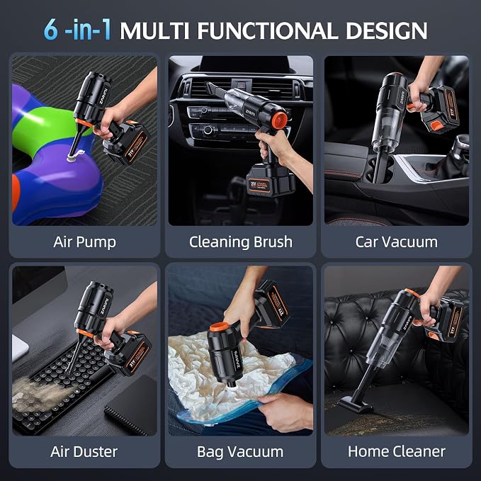 Portable Cordless Car Vacuum, 50,000Pa High-Power Brushless Motor, Rechargeable Handheld Vacuum Cleaner with 2 Batteries & Charger, 6-in-1 Vacuum Cleaners for Home, Keyboard, Pet Hair, Black